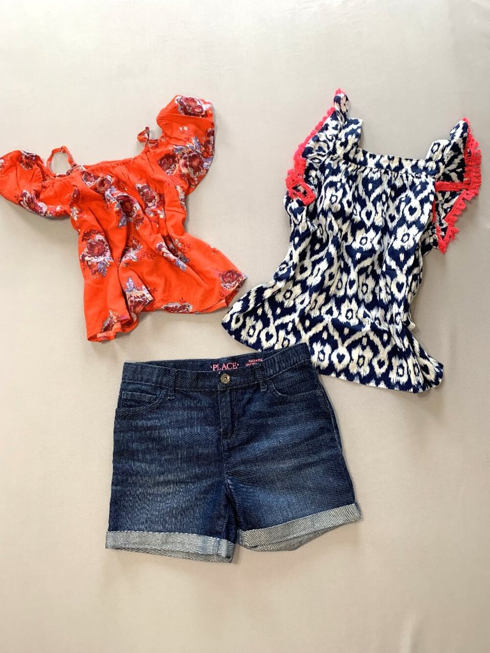 3 Piece Girl Bundle Like New Children's Place Shorts Off Shoulder Shirts Size 14